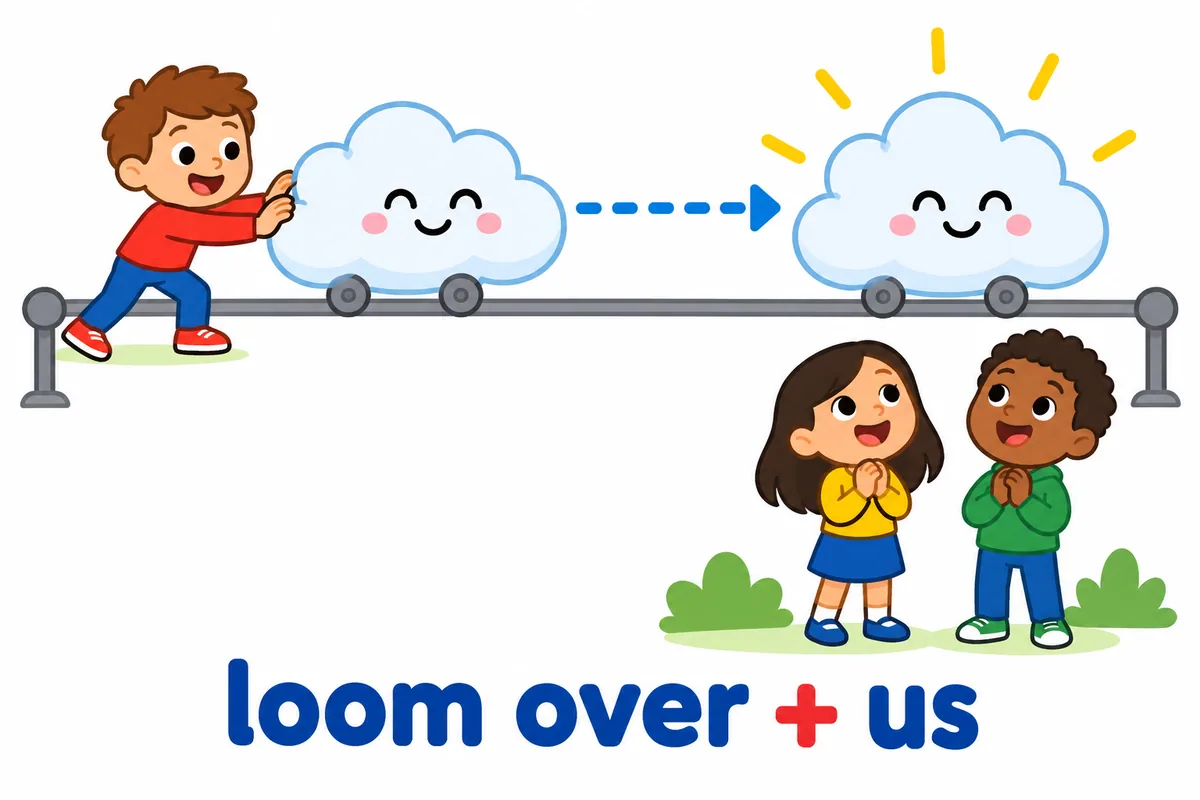 A cartoon cloud slides along a fixed rail above two seated children to land in a marked slot.