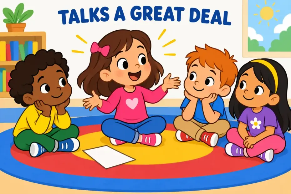 A child speaks at length to classmates, illustrating loquacious in a sentence as very talkative.