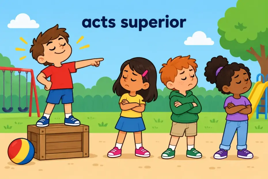 Cartoon child stands on a small box issuing orders while friends look away, illustrating lord over in a sentence as acting superior.