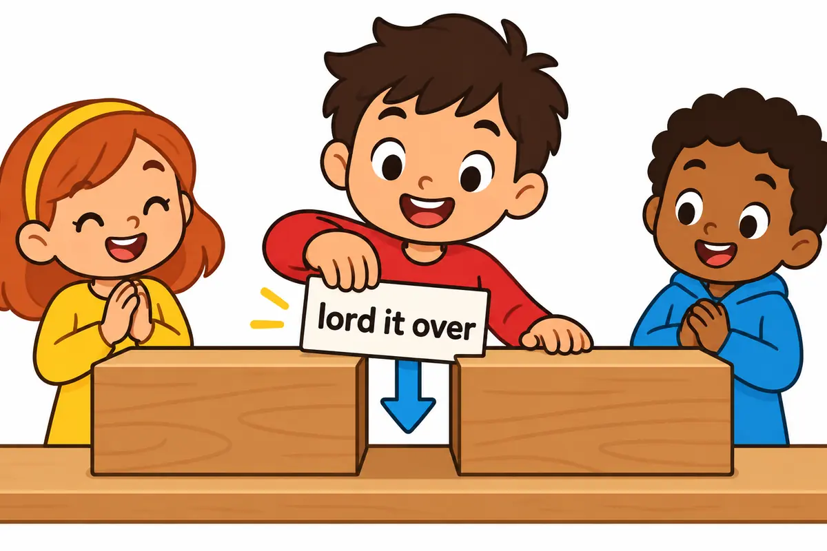 A cartoon child slots a card reading it into the middle of two word blocks reading lord and over.