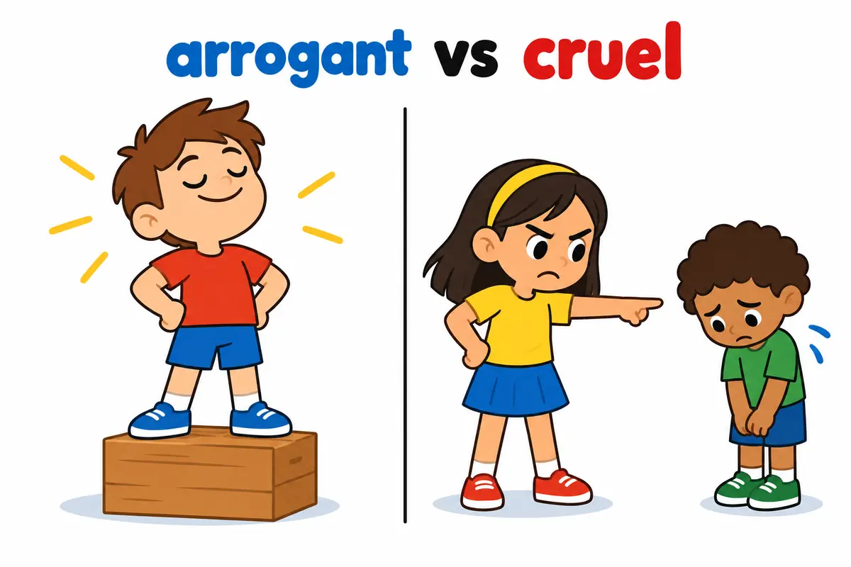 A cartoon split scene contrasts a bossy child on a box with another child harshly ordering a smaller friend around.