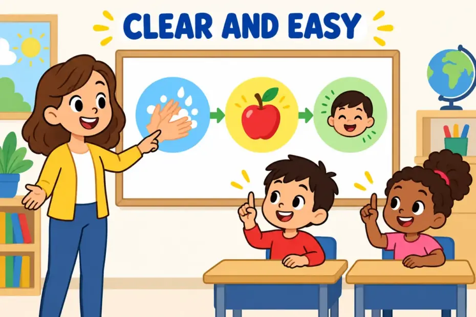 Cartoon pupils follow a neat diagram with numbered steps, showing lucid in a sentence as clear and easy to follow.
