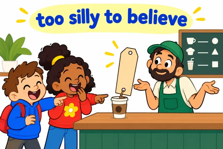 Cartoon children laugh at a giant price tag on a paper cup, showing ludicrous in a sentence as absurd and laughable.