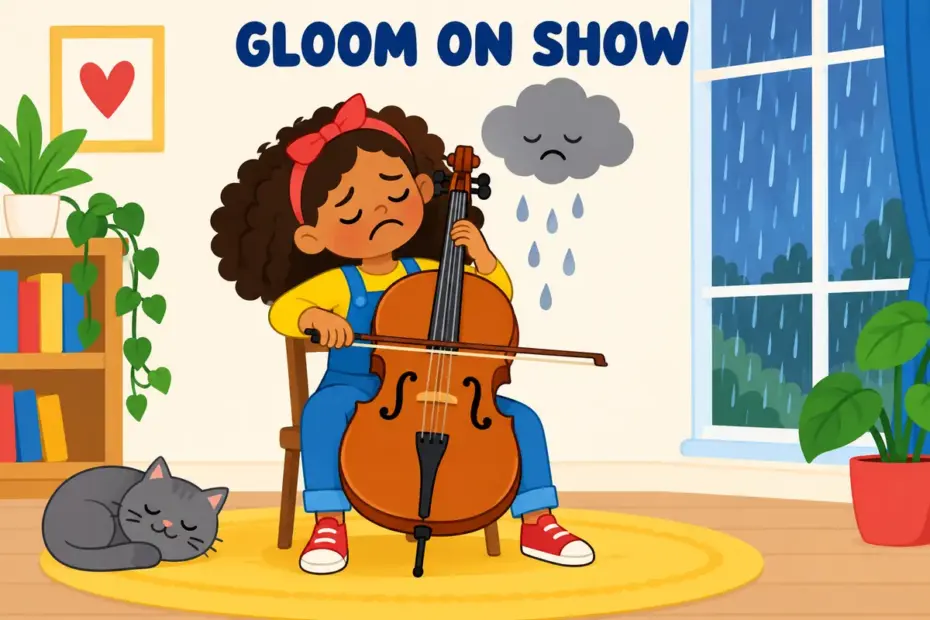 Cartoon child plays a slow sad tune on a cello beside a rainy window, illustrating lugubrious in a sentence as mournful, heavy gloom.