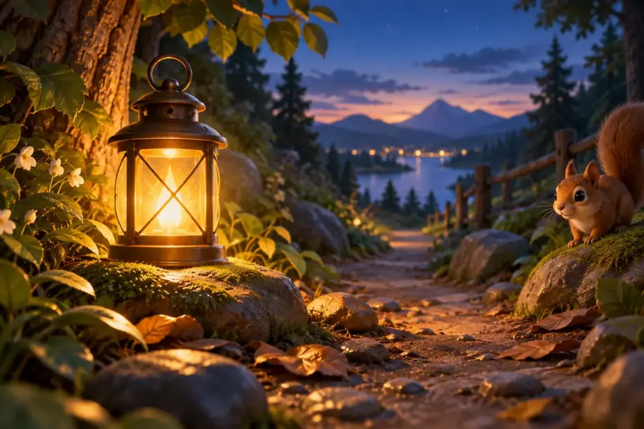 A glass lantern casts warm light onto a forest path at dusk.