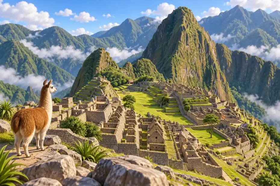 The stone terraces and buildings of Machu Picchu sit on an Andean ridge above green mountain slopes.