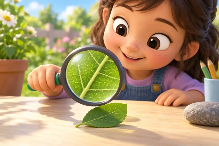 A child looks at a leaf through a hand lens, seeing its veins appear larger while the leaf remains the same size.