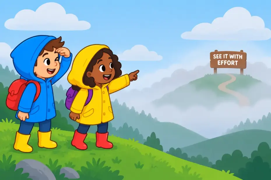 Cartoon children in fog squint at a distant sign, showing make out in a sentence as seeing something faintly with effort.