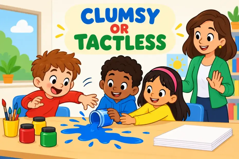 Cartoon pupils knock over a paint pot while trying to help, showing maladroit in a sentence as awkward movement or manner.