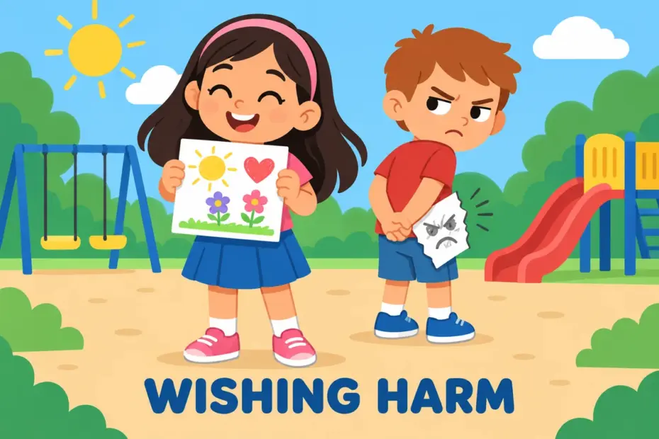 Cartoon boy pulls a sly face behind a smiling classmate, teaching malevolent in a sentence as wishing harm.