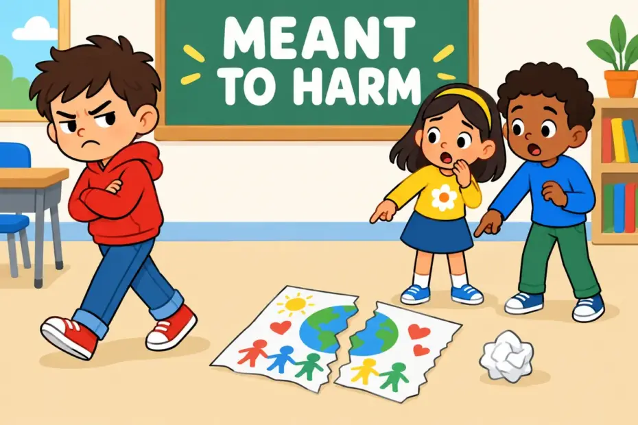 Cartoon child steps away from a torn class poster while classmates stare, showing malicious in a sentence as intended harm.