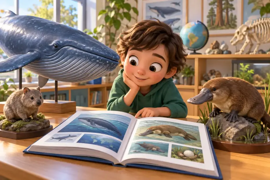 A child studies a friendly blue whale and platypus models beside an open science book.