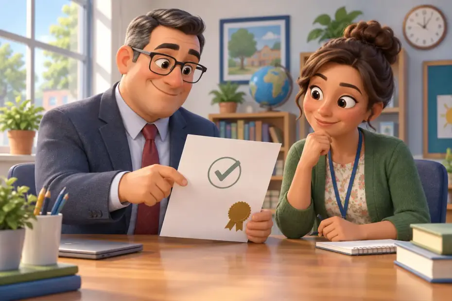 A teacher and student review a formal school policy document at a desk.