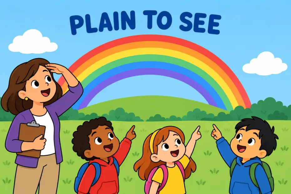 Cartoon children point at a bright rainbow that has become clearly visible over a school field, showing manifest in a sentence.