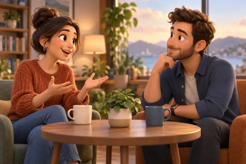 Two people take turns speaking across a small table.