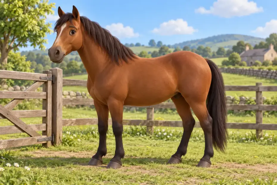 An adult horse stands beside a paddock gate.