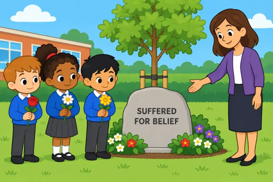Cartoon children place flowers beside a memorial plaque, showing martyr in a sentence as suffering for a belief.