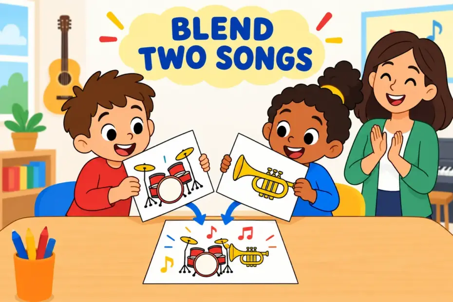 Cartoon children combine two song sheets into one, showing mash up in a sentence as joining separate things into a new whole.