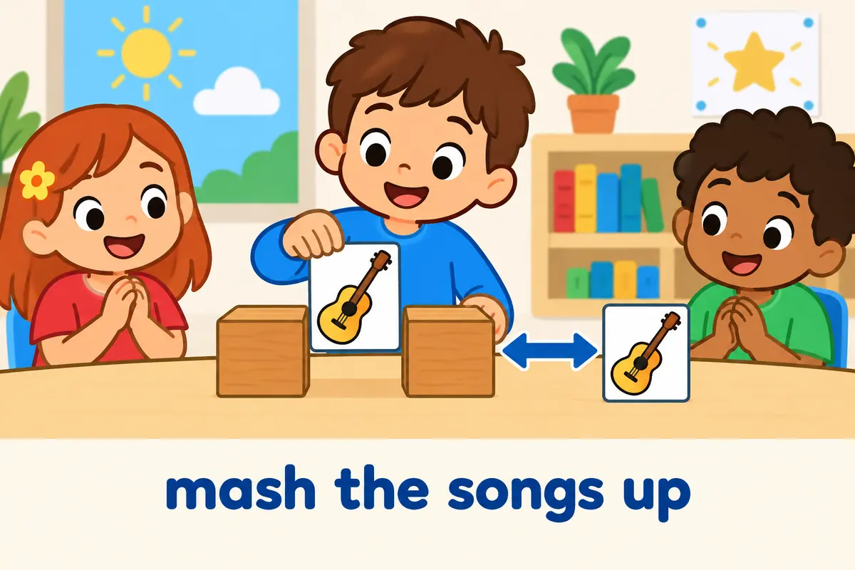 A cartoon child moves a song card into the middle of the phrase mash and up, showing the separable pattern.