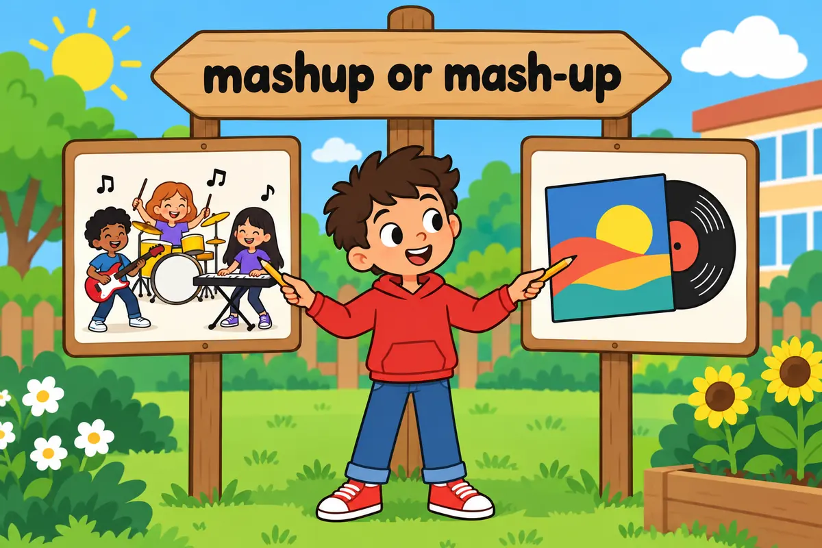 A cartoon signpost shows the verb mash up on one arm and the noun mash-up on the other.