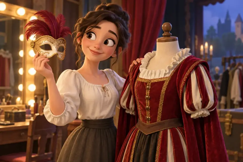 A person holds a decorative face mask beside a simple theater costume.