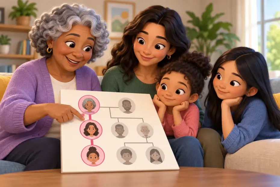 Three generations of a family look together at a family tree highlighting the maternal branch.