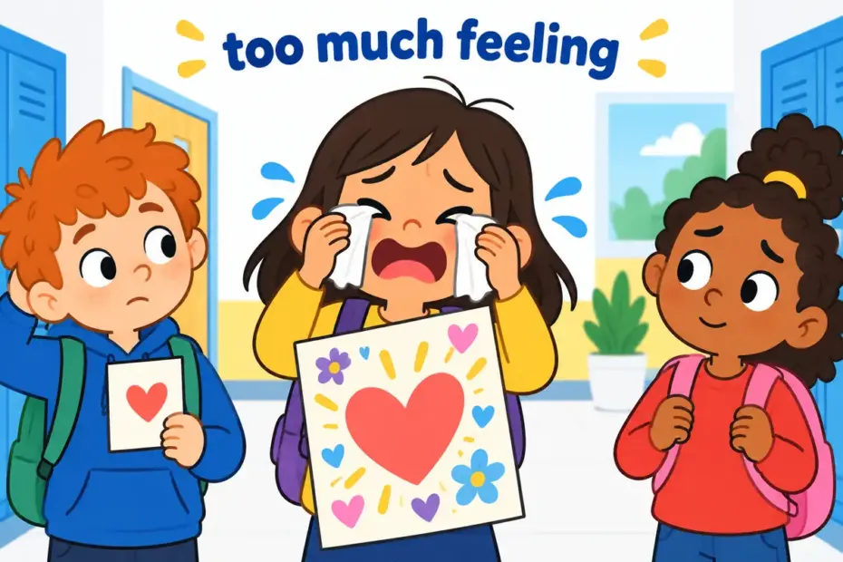 A cartoon child wipes theatrical tears over a goodbye card, illustrating maudlin in a sentence as emotion that is overdone.