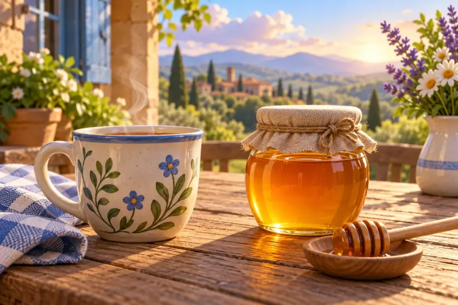 A cup and sealed honey jar rest on a rustic table.