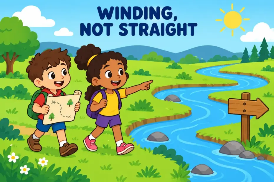 Cartoon children follow a winding river route, showing meander in a sentence as a path that curves again and again.