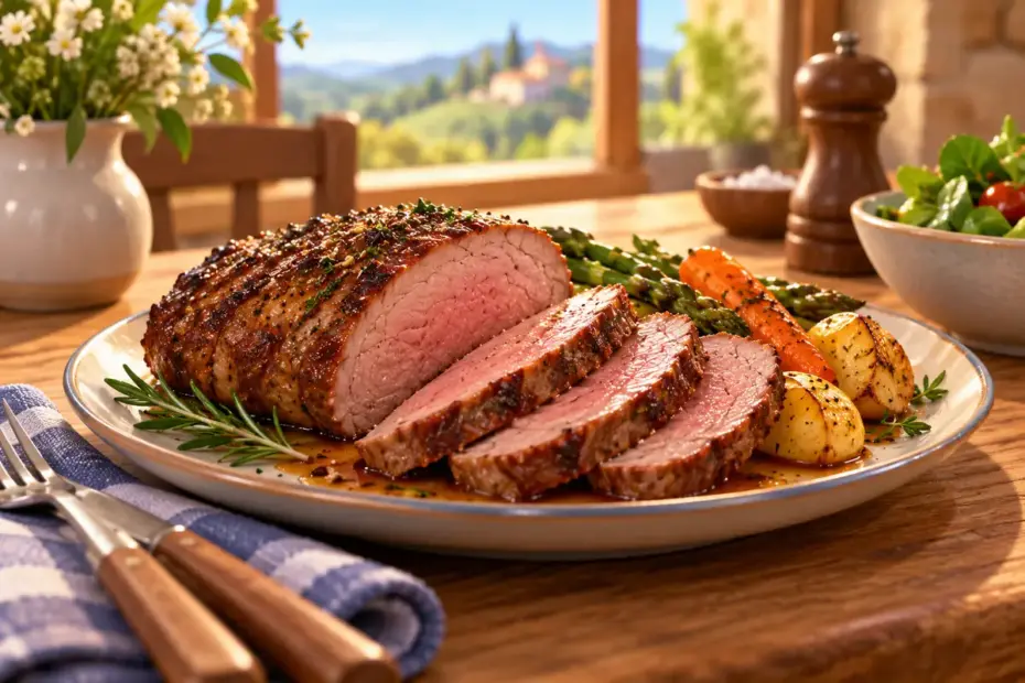 Cooked sliced meat rests on a plate.