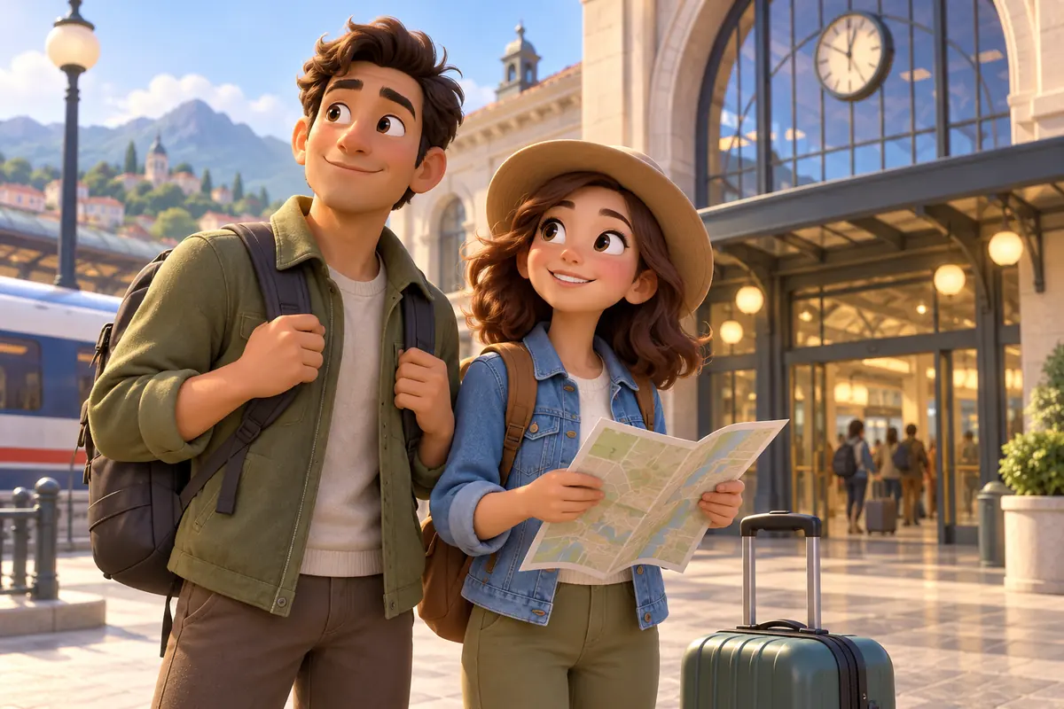 Two travelers stand beside a station entrance.