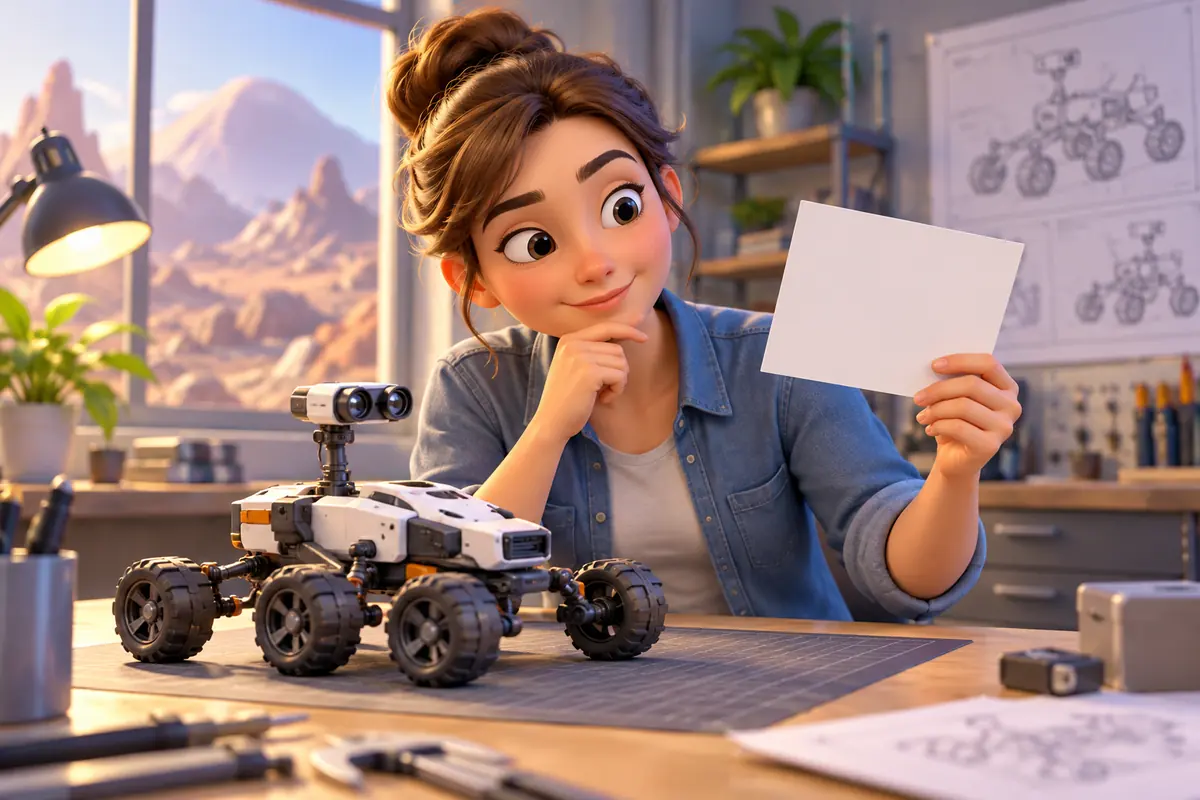 An engineer compares a model with a blank card.