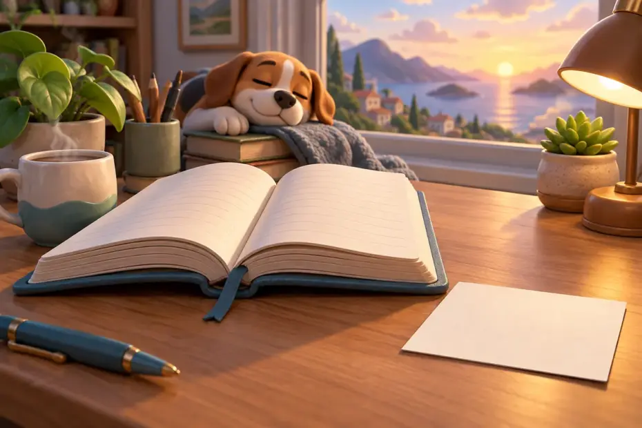 A short blank note card lies beside a thick open notebook.