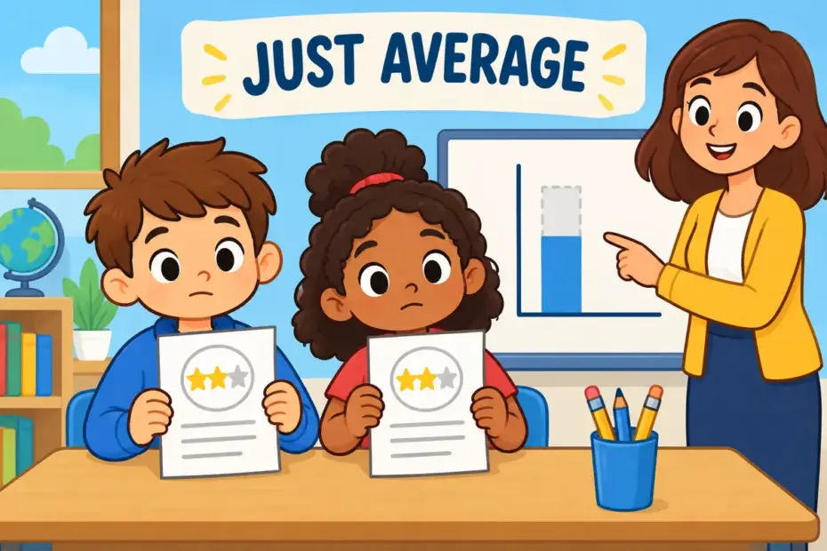 Cartoon pupils hold up a spelling test with a middling mark and flat expressions, showing mediocre in a sentence as disappointing quality.
