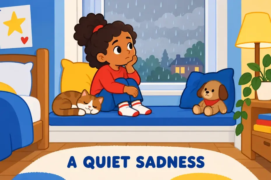 Cartoon child sits by a rainy window with a soft expression, showing melancholy in a sentence as gentle sadness.