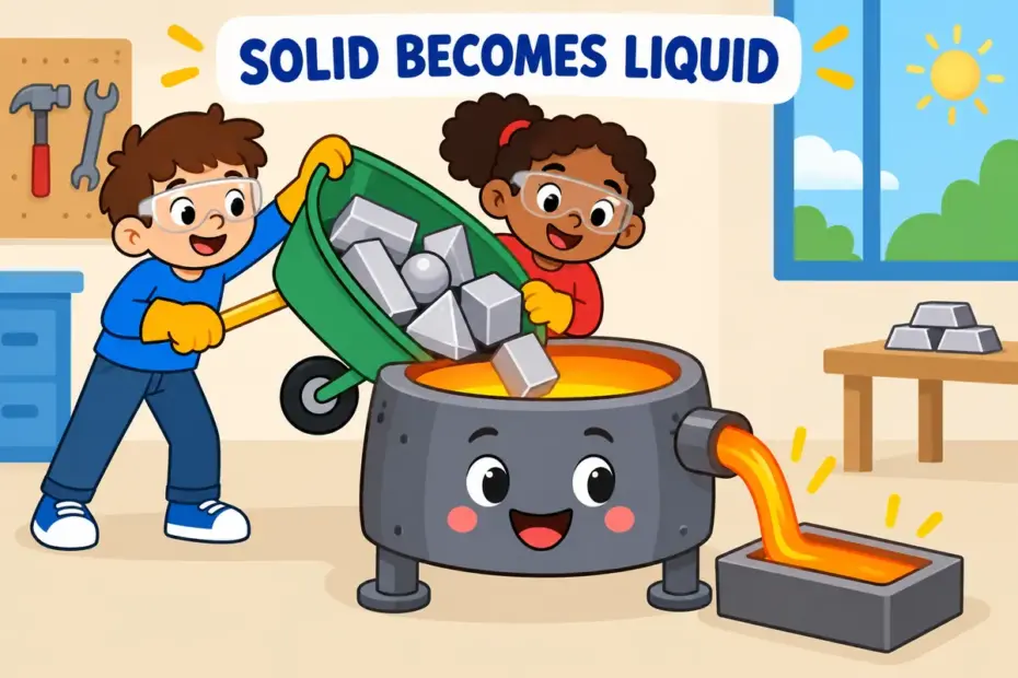 Cartoon children tip scrap into a glowing furnace as liquid metal pours out, showing melt down in a sentence as turning solid to liquid.