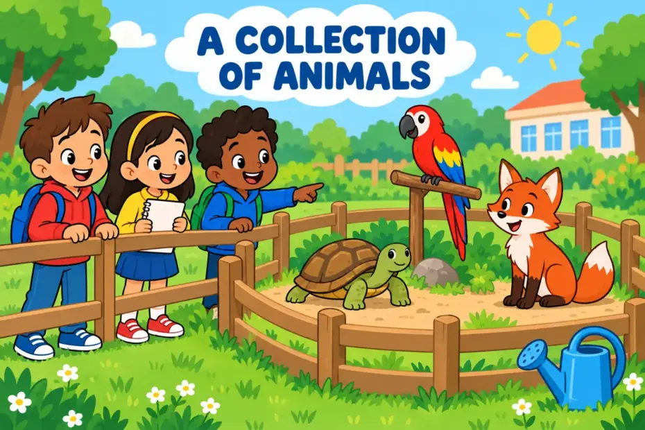 Cartoon children meet a small menagerie of a parrot, a tortoise and a fox in a fenced school garden.