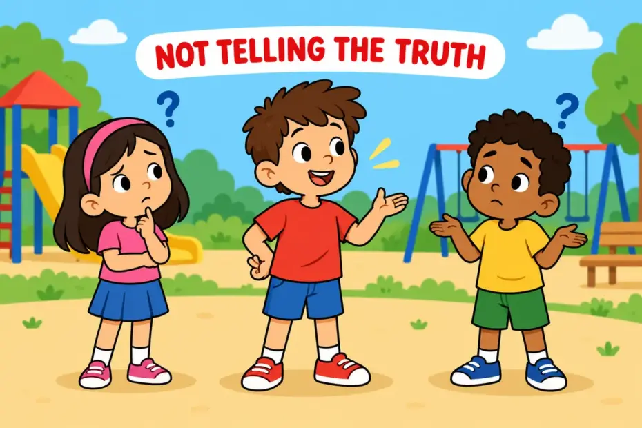 Cartoon child tells a tall tale with fingers crossed behind their back while friends look puzzled, showing mendacious in a sentence.