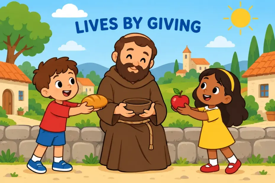 Cartoon monk with an empty bowl stands calmly by a village path, illustrating mendicant in a sentence as living on alms.