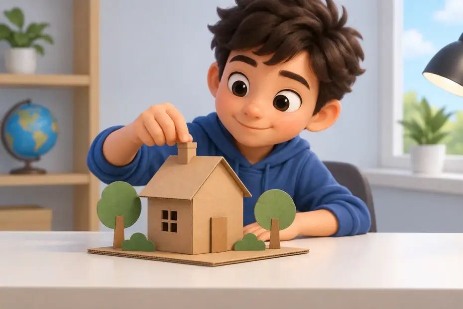 A student makes one small adjustment to a cardboard model on a desk.