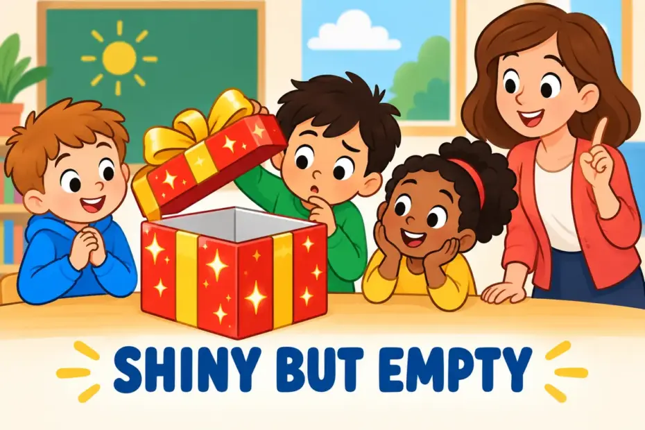 Cartoon children admire a brightly wrapped empty gift box, illustrating meretricious in a sentence as showy appeal with nothing inside.