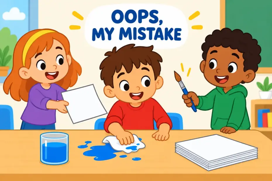 Cartoon pupils mop a small paint spill and start again, showing mess up in a sentence as a fixable mistake.