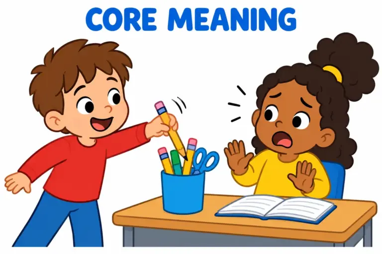 Cartoon children show Mess With: Meaning and Usage, illustrating mess with in a sentence in context.