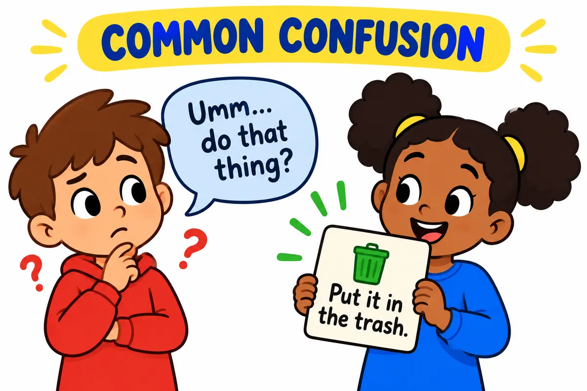 Cartoon children demonstrate Mess With: Meaning and Usage through a clear everyday scene.