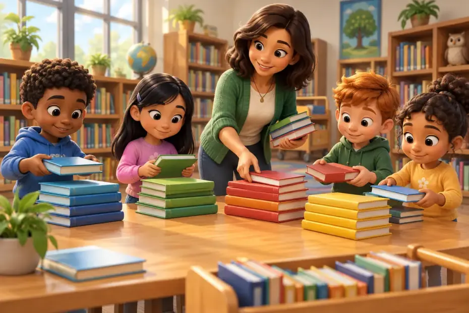 Students follow an organized method for sorting books.