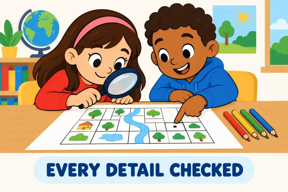 Cartoon pupils examine a diagram with magnifiers, illustrating meticulous in a sentence as extreme care about small details.