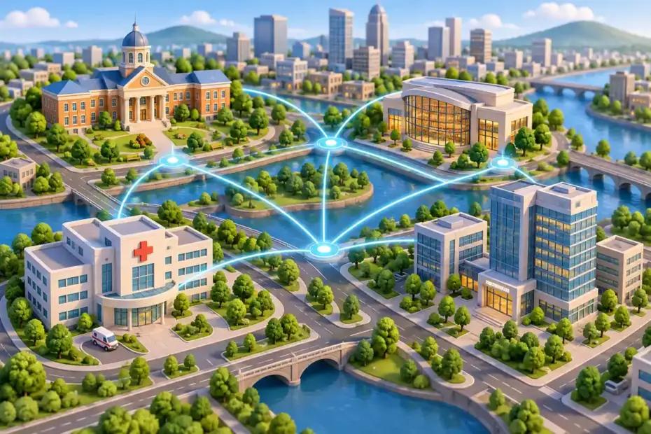 A stylized city map links a university, library, and office buildings with glowing network lines.