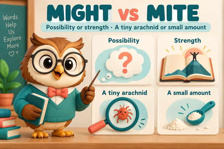Might expresses possibility or names strength; mite names a tiny arachnid or small amount.