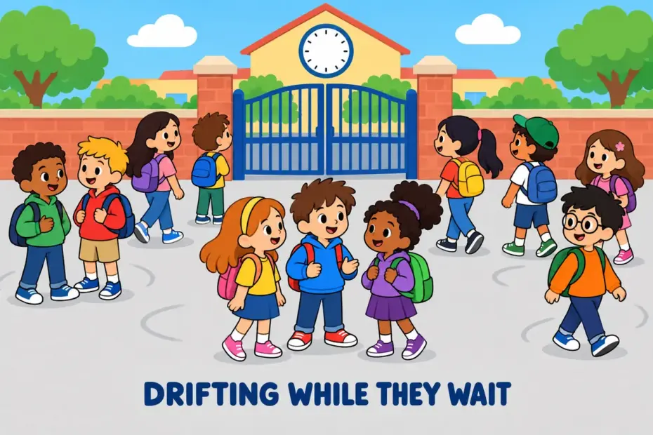 A cartoon crowd of children drifts in loose circles outside a school gate, showing mill around in a sentence as aimless waiting.