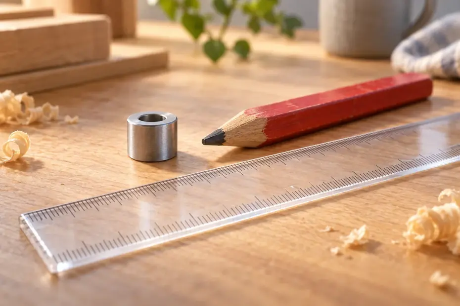 A small metal spacer sits beside a metric ruler with fine tick marks.